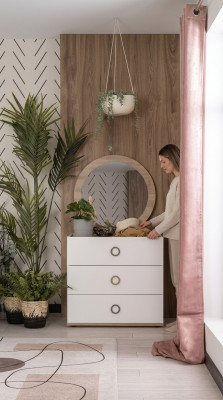 Grupo de cómoda con espejo en madera blanca, juego de armario para dormitorio.