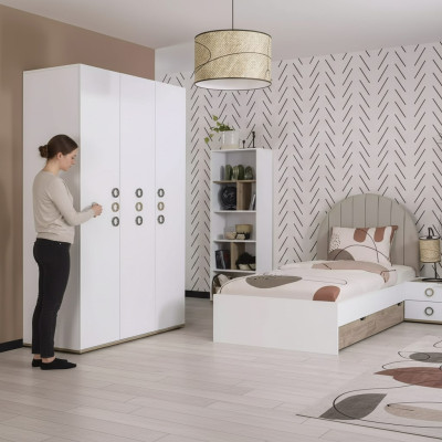 Juego de dormitorio juvenil para niños, mesita de noche, cama de madera blanca, set de 4 piezas.