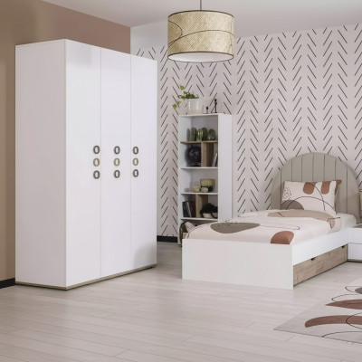 Juego de dormitorio juvenil para niños, mesita de noche, cama de madera blanca, set de 4 piezas.