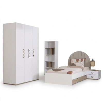 Juego de dormitorio juvenil para niños, mesita de noche, cama de madera blanca, set de 4 piezas.