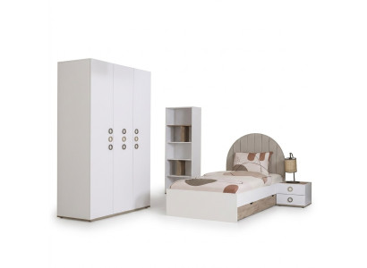 Juego de dormitorio juvenil para niños, mesita de noche, cama de madera blanca, set de 4 piezas.