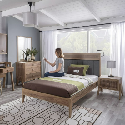 Habitación de niños Marco de cama completo Muebles infantiles Cama de madera Marrón Juego de 4 piezas