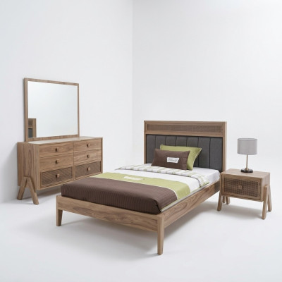 Habitación de niños Marco de cama completo Muebles infantiles Cama de madera Marrón Juego de 4 piezas