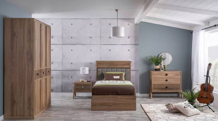 Cama de madera con cajón de almacenamiento Juego completo de cama juvenil Cama de madera marrón Set de 4 piezas
