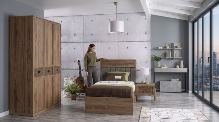 Cama Cama de madera con cajón de almacenamiento Juego Cama juvenil de madera Marrón Set de 3 piezas