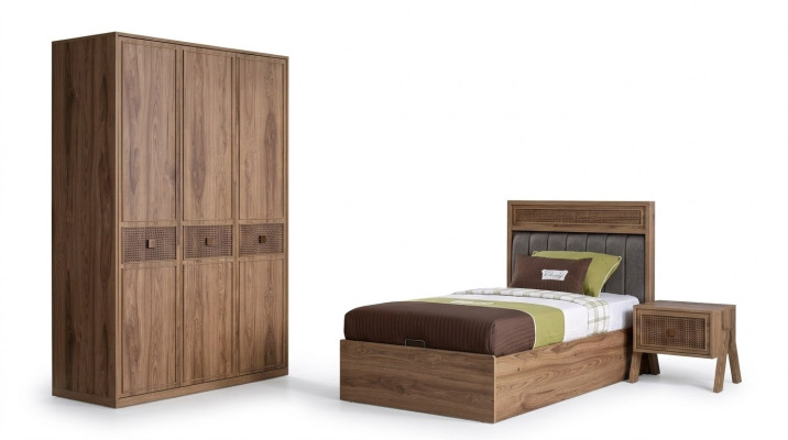 Cama Cama de madera con cajón de almacenamiento Juego Cama juvenil de madera Marrón Set de 3 piezas