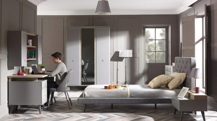 Cama juvenil Conjunto completo de cama gris Muebles de dormitorio de cama de madera de 5 piezas
