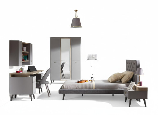 Cama juvenil Conjunto completo de cama gris Muebles de dormitorio de cama de madera de 5 piezas