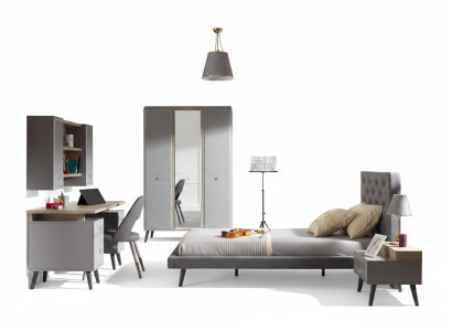 Cama juvenil Conjunto completo de cama gris Muebles de dormitorio de cama de madera de 5 piezas