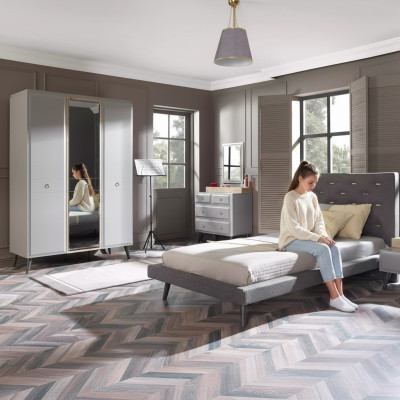 Conjunto de muebles de dormitorio juvenil completo Cama de madera Cama Gris Set de 4 piezas