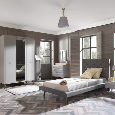 Conjunto de muebles de dormitorio juvenil completo Cama de madera Cama Gris Set de 4 piezas