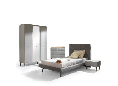 Conjunto de muebles de dormitorio juvenil completo Cama de madera Cama Gris Set de 4 piezas