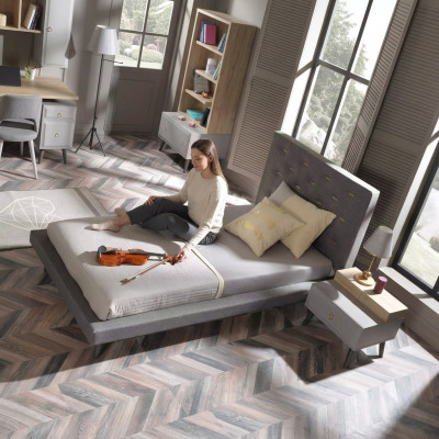 Conjunto de dormitorio infantil cama juvenil mesita de noche cama madera gris 100 cm 2 piezas