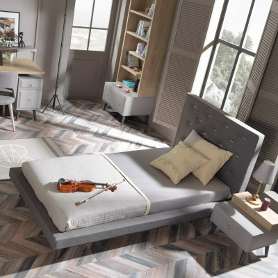 Conjunto de dormitorio infantil cama juvenil mesita de noche cama madera gris 100 cm 2 piezas
