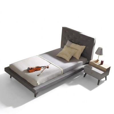 Conjunto de dormitorio infantil cama juvenil mesita de noche cama madera gris 100 cm 2 piezas