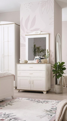 Conjunto de tocador con espejo, armario de madera, blanco, diseño de cómodas.
