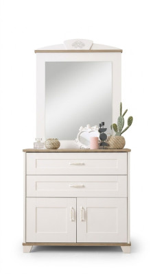 Conjunto de tocador con espejo, armario de madera, blanco, diseño de cómodas.