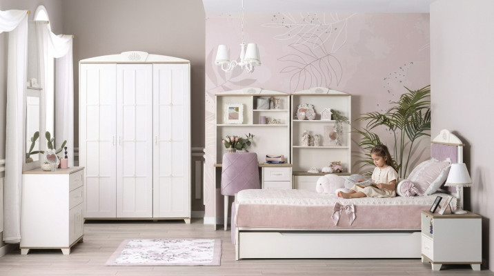 Habitación infantil completa Chesterfield muebles infantiles cama de madera rosa set de 8 piezas.
