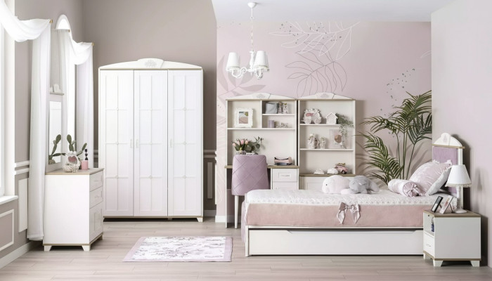 Habitación infantil completa Chesterfield muebles infantiles cama de madera rosa set de 8 piezas.