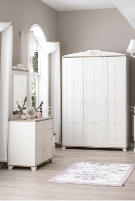 Conjunto de dormitorio armario blanco de madera 3 piezas con cómoda.