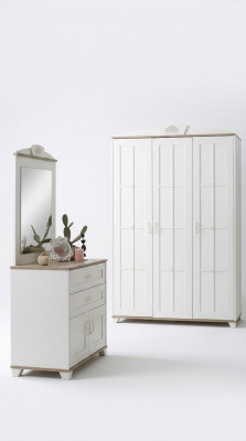 Conjunto de dormitorio armario blanco de madera 3 piezas con cómoda.