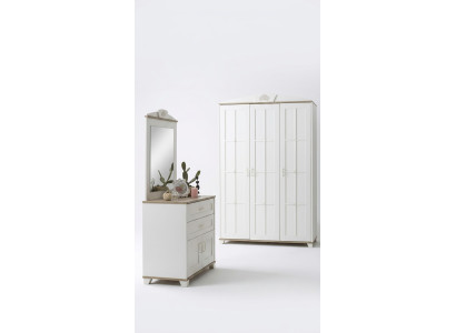 Conjunto de dormitorio armario blanco de madera 3 piezas con cómoda.