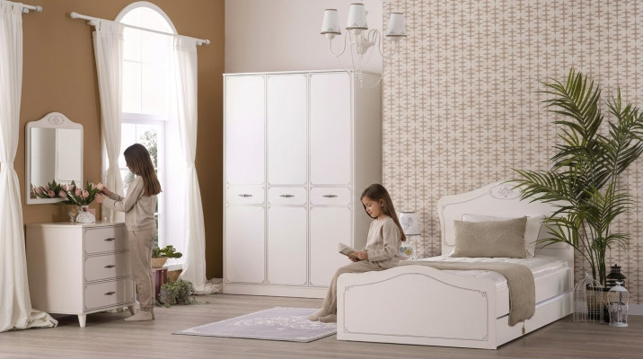 Conjunto de cama juvenil funcional extensible de madera blanca de 5 piezas