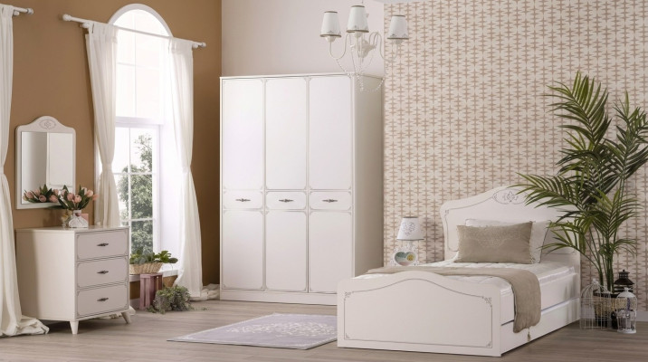 Conjunto de cama juvenil funcional extensible de madera blanca de 5 piezas