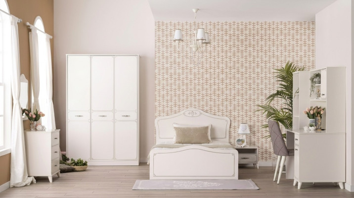Cama juvenil completa Cama funcional Set extensible de 8 piezas de madera blanca.