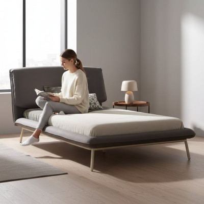 Estructura de cama de cama 100 cm, marco de cama, cama tapizada, tela gris, cama juvenil