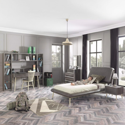 Marco de cama completo para jóvenes, juego de 7 piezas en madera gris para la habitación infantil.