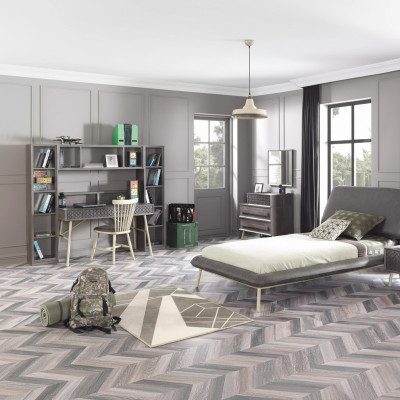 Marco de cama completo para jóvenes, juego de 7 piezas en madera gris para la habitación infantil.