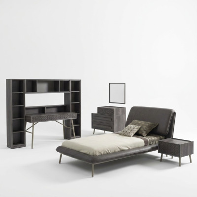 Marco de cama completo para jóvenes, juego de 7 piezas en madera gris para la habitación infantil.