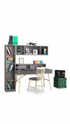 Escritorio de computadora conjunto 3 piezas, estantería de madera gris, estantes mesa