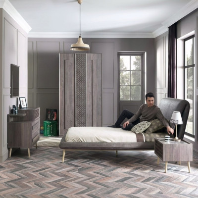 Juego de cama juvenil de marco de cama acolchado conjunto de cama de 5 piezas de madera gris nuevo