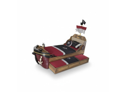 Conjunto de marco de cama juvenil Pirata, cama de madera marrón, juego de 3 piezas para habitación infantil.
