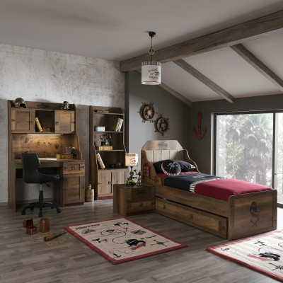 Conjunto de dormitorio infantil Pirata Marco de cama Cama juvenil Madera Marrón Juego de 5 piezas