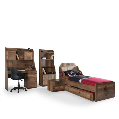 Conjunto de dormitorio infantil Pirata Marco de cama Cama juvenil Madera Marrón Juego de 5 piezas