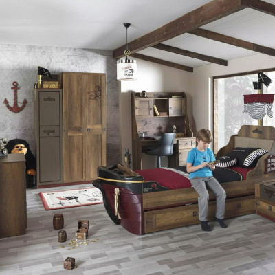 Habitación infantil Cama pirata Barco Armario Mesa Camas dobles 5 piezas