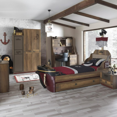 Habitación infantil Cama pirata Barco Armario Mesa Camas dobles 5 piezas
