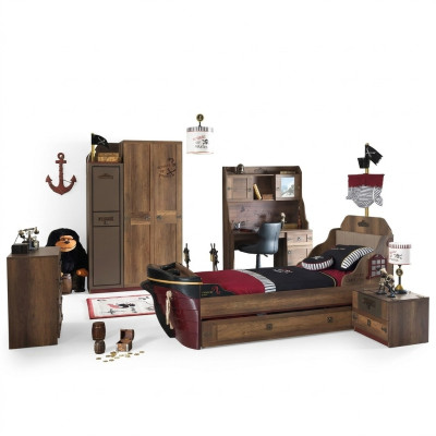Habitación infantil Cama pirata Barco Armario Mesa Camas dobles 5 piezas
