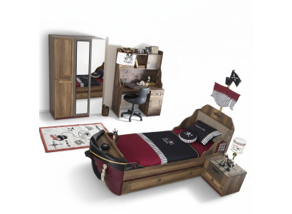 Cama funcional pirata para niños en marrón de madera, juego de cama con mesita de noche.