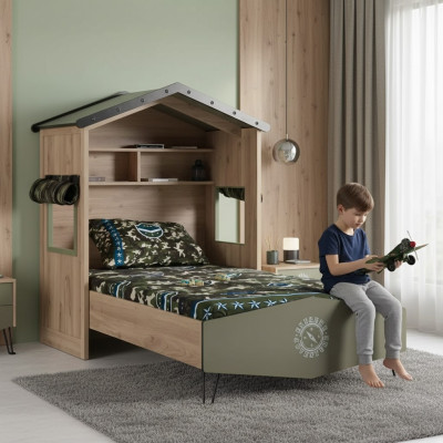 Diseño de marco de cama de madera verde para niños, cama moderna.