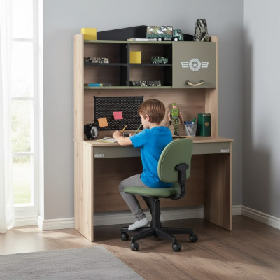 Conjunto de mesa de madera de escritorio, estante de libros verde para la habitación infantil.