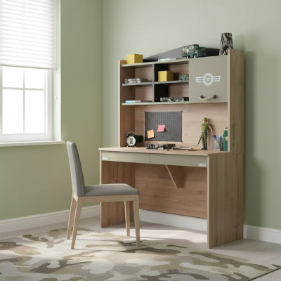 Conjunto de mesa de madera de escritorio, estante de libros verde para la habitación infantil.