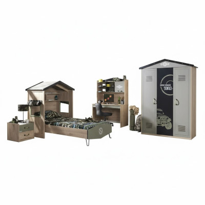 Muebles infantiles Conjunto de habitación de lujo Cama Verde Estructura de cama de madera de 5 piezas