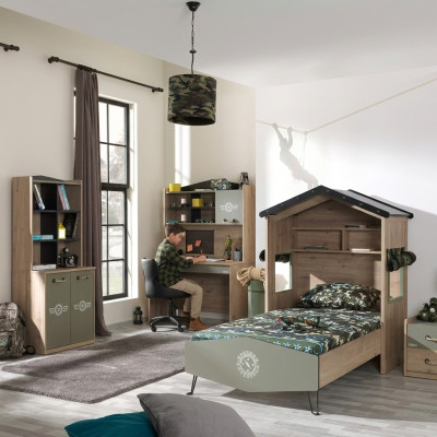 Muebles para niños, set de dormitorio de lujo para niños, cama verde, estructura de cama de madera de 5 piezas.