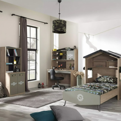 Muebles para niños, set de dormitorio de lujo para niños, cama verde, estructura de cama de madera de 5 piezas.