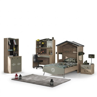 Muebles para niños, set de dormitorio de lujo para niños, cama verde, estructura de cama de madera de 5 piezas.