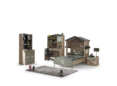 Muebles para niños, set de dormitorio de lujo para niños, cama verde, estructura de cama de madera de 5 piezas.